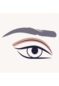 Stilisierte Illustration eines Auges mit dunklem Rand, hellpeachfarbenem Augenlid und grauem Augenbrauen auf einem sanften beige Hintergrund.