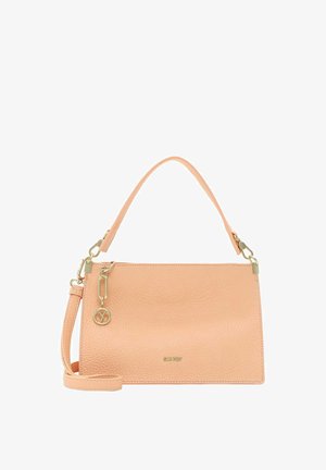 Peachikollane nahast käekott, millel on tekstureeritud pind, lühike käepide ja eemaldatav õlavööd. Varustatud kuldsete detailide ja kaunistusega.