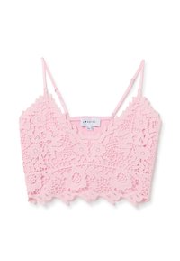 Bralette in pizzo rosa pallido con motivi floreali, spalline regolabili e bordo ondulato. Realizzato in tessuto leggero.