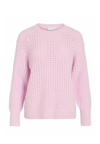 Pull en maille rose clair avec un motif gaufré, col rond, manches longues, poignets et ourlet côtelés.