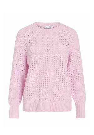 Pull en maille rose clair avec un motif gaufré, col rond, manches longues, poignets et ourlet côtelés.