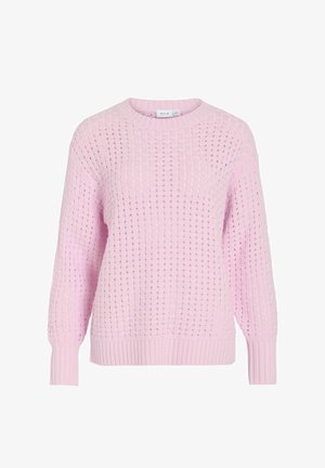 Svetlo roza pleten pulover z vzorcem vafljev, z okroglim izrezom, dolgimi rokavi in rebrastimi manšetami ter spodnjim robom.