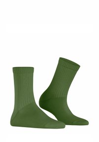 Zielone skarpetki w prążki o długości do połowy łydki, charakteryzujące się gładką teksturą oraz wzmocnionymi palcami i piętami. Idealne do codziennego noszenia.