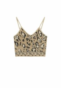 Top corto in stampa leopardata, beige con macchie nere e grigie, caratterizzato da scollatura a V e spalline sottili. Texture morbida, design casual.