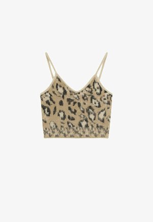 Top corto in stampa leopardata, beige con macchie nere e grigie, caratterizzato da scollatura a V e spalline sottili. Texture morbida, design casual.