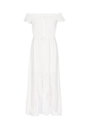 Hvid maxikjole med bare skuldre, lavet af letvægtsstof, med flæseærmer, knapper foran, snøre i taljen og asymmetrisk kant.