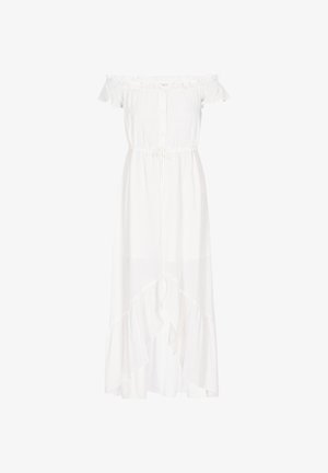 Schulterfreies weißes Maxikleid aus leichtem Stoff mit gerafften Ärmeln, Knopfleiste vorne, Tunnelzug in der Taille und asymmetrischem Saum.