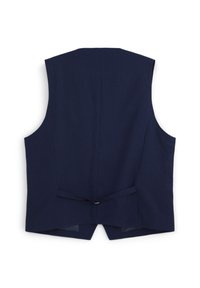 Gilet a righe blu navy con cintura regolabile sul retro, mostrato da dietro su sfondo bianco.