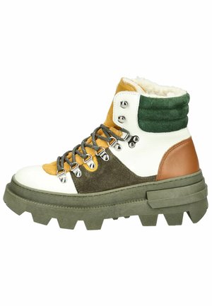 High-top hiking boots with a white, brown, green, and yellow color scheme. Textured leather and suede, chunky rubber sole, metallic eyelets.