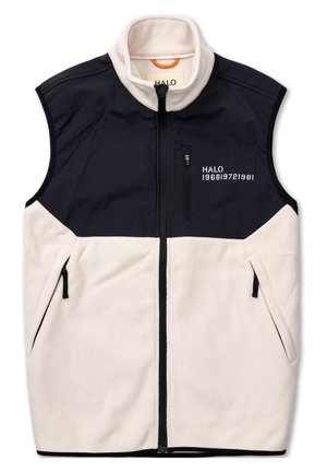Veste polaire sans manches avec partie supérieure noire, partie inférieure blanche, fermeture éclair complète à l'avant, poches zippées et texte "HALO 1968|972|981" sur la poitrine.