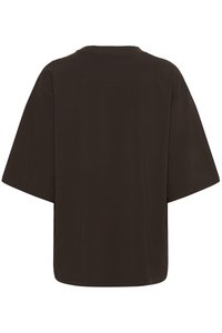 Dark brown oversized short-sleeve T-shirt with a round neckline, shown from the back on a white background.