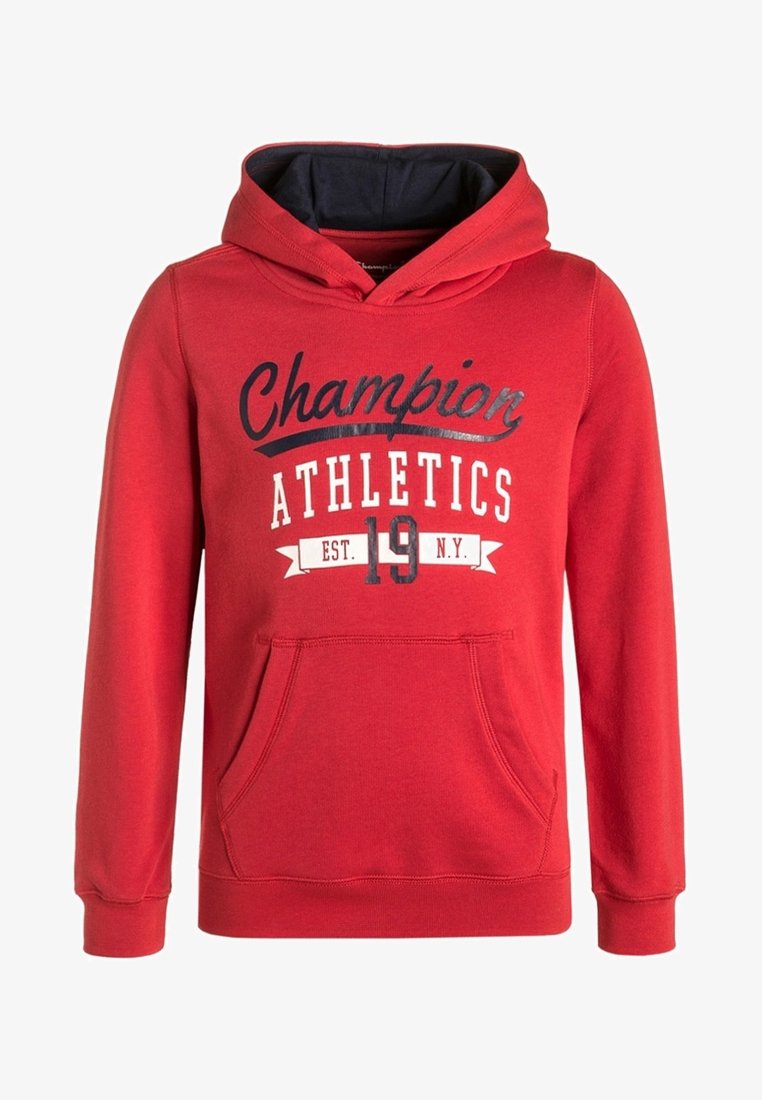 Czerwona bluza z kapturem z granatowym wnętrzem, z grafiką "Champion Athletics", kieszenią typu kangurka oraz prążkowanymi ściągaczami na mankietach i dole.