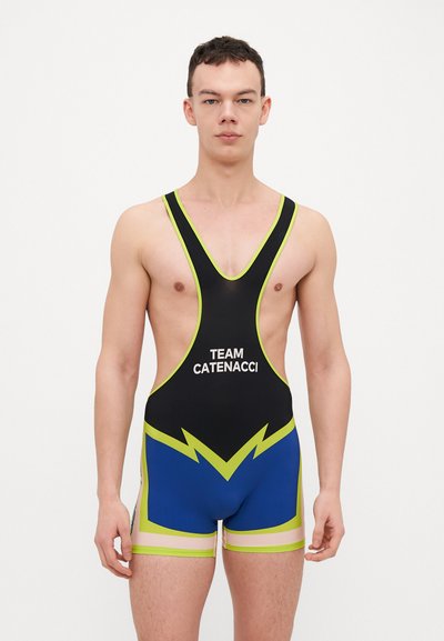 Black and blue wrestling singlet with green accents, featuring "TEAM CATENACCI" text, V-neck design, and bold lightning bolt pattern.