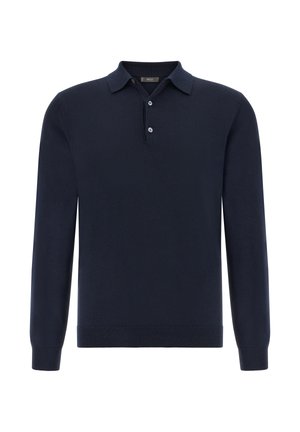 Suéter tipo polo de manga larga color azul marino, fabricado en material suave, con cuello tipo polo, tres botones y puños y dobladillo acanalados.