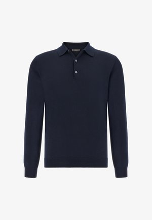 Dunkelblauer langärmliger Polo-Pullover aus weichem Material, mit einem Kragen, drei Knöpfen und gerippten Bündchen sowie Saum.
