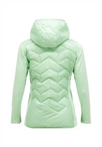 Light green padded jacket with a hood, featuring a chevron quilted design on the back and smooth sleeves, made of a synthetic material.