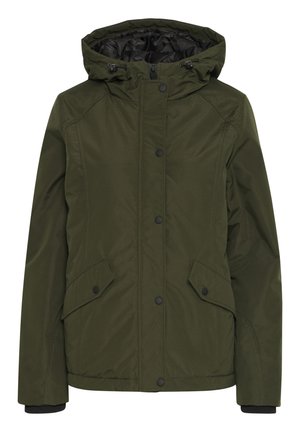 Chaqueta con capucha aislada de color verde oscuro, con cremallera frontal, botones a presión y bolsillos laterales. Presenta un tejido suave y puños acanalados.