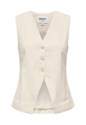 Chaleco sin mangas color crema con escote en V, tres botones en la parte delantera y dobladillo ligeramente acampanado, con etiqueta de la marca "ONLY" en el interior del cuello.