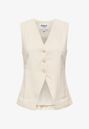 Mouwloos crèmekleurig vest met V-hals, drie knopen aan de voorkant en licht uitlopende zoom, binnenin het label "ONLY" merk in de kraag.