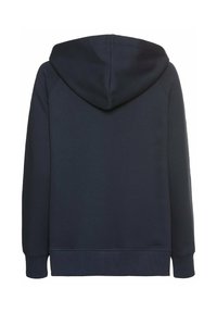 Marineblaues Hoodie mit einer großen Kapuze, gerippten Bündchen und Saum. Glatte Textur, minimalistische Gestaltung, keine sichtbaren Muster oder Akzente.
