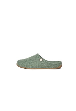 Green felt slipper with a flat design, open back, and textured rubber sole. Features a small logo accent near the side.