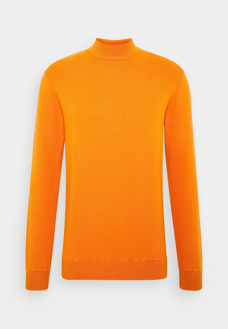 Oranger, langärmeliger Rollkragenpullover aus einem strukturierten Strickstoff. Verfügt über eine körpernahe Silhouette sowie gerippte Bündchen und Kragen.