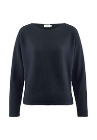 Marineblauer Langarmpullover mit rundem Halsausschnitt, strukturierter Oberfläche, lockerer Passform und geradem Saum. Besitzt ein minimalistisches Design ohne sichtbare Hardware.