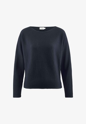 Marineblauwe longsleeve trui met een ronde halslijn, textuurstof, een losse pasvorm en een rechte zoom. Kenmerkt zich door een minimalistisch ontwerp en geen zichtbare hardware.