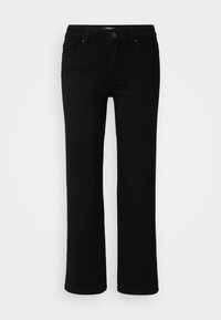 Svarta denimbyxor med utsvängda ben, med en åtsittande midja, fem fickor och knappstängning. Slät textur och enhetlig färg genom hela byxorna.