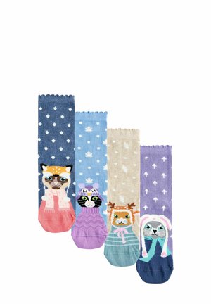 Four pairs of colorful socks featuring animal faces: blue with a cat, light blue with a snowman cat, beige with a reindeer, and purple with a bunny.