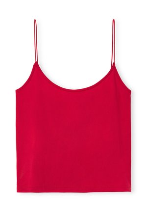 Red camisole top with thin adjustable straps, made of smooth fabric; simple design with a straight hem and no patterns or embellishments.