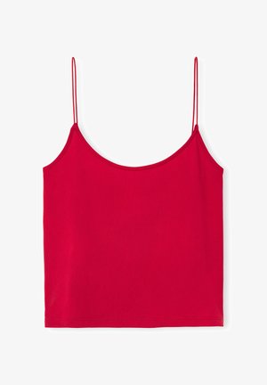 Top rosso senza maniche con spalline sottili regolabili, realizzato in tessuto liscio; design semplice con orlo dritto e senza trame o decorazioni.