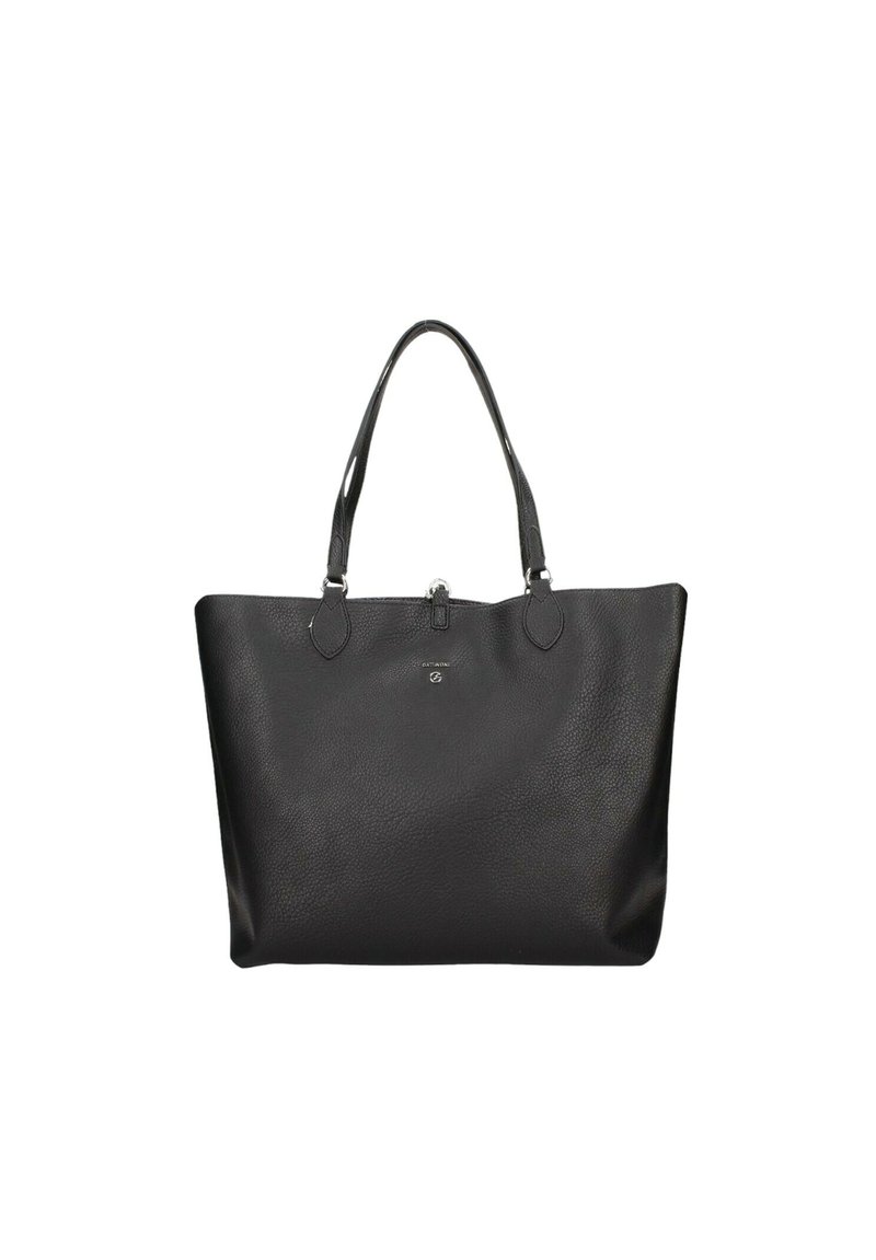 Sort læder tote taske med struktureret finish, to håndtag og lynlåslukning. Har et diskret logo på forsiden og en glat indvendig.