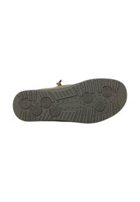 Suela de zapato de goma marrón con patrones de huella circulares y lineales. Presenta una superficie texturizada para mayor agarre y durabilidad.