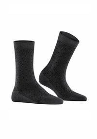 Schwarze Socken aus strukturiertem Stoff mit einem Wabenmuster, gerippten Bündchen und verstärkten Zehen- und Fersenbereichen.