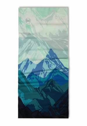 Neck gaiter with a layered mountain design in shades of blue, green, and gray, featuring the Buff logo near the top.