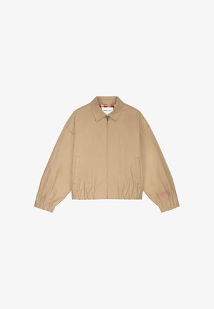 Beige zip-up jacket with elastic cuffs and hem, spread collar, two front pockets, and subtle pink embroidery on the left sleeve.