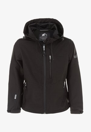 Giacca softshell nera con cappuccio, numerose tasche con zip, polsini elasticizzati e superficie liscia. Presenta un logo sulla spalla e cordini regolabili.