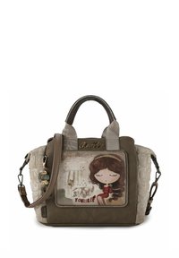 Braune und beigefarbene Handtasche aus Stoff- und Leder-Materialien, mit einem Charakterdesign und dem Text "Know Yourself." Enthält dekorative Anhänger.