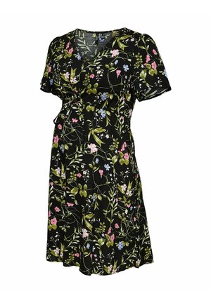 Robe noire à manches courtes, col en V, motif floral rose, bleu et vert, taille cintrée avec liens latéraux réglables.