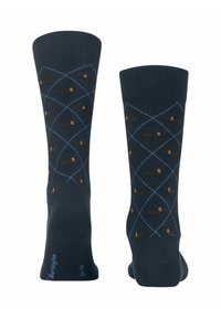 Granatowe skarpetki w wzór diamentowy z jasnoniebieskimi liniami i wyszywanymi brązowymi jamnikami, wykonane z miękkiej mieszanki bawełny.