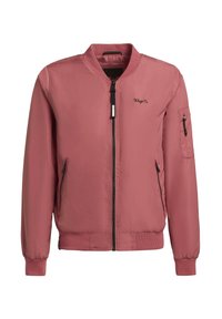 Veste bomber rose vif avec fermeture éclair frontale, poches latérales zippées, poche zippée sur la manche, poignets côtelés et petit logo en script noir sur la poitrine.
