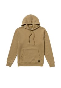 Tan hoodie with a front pocket, drawstring hood, ribbed cuffs, and hem. Smooth texture with a logo patch at the bottom left.