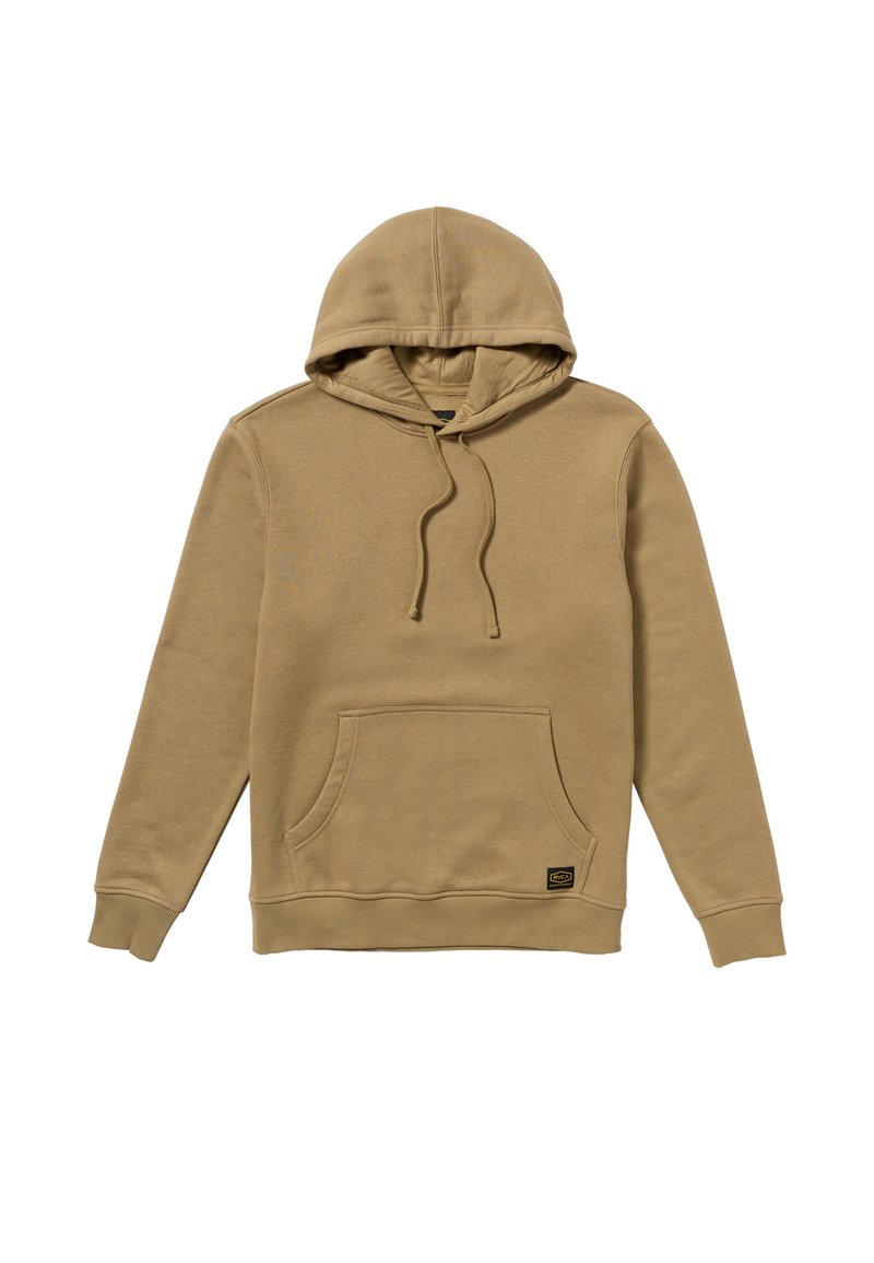 Tan hoodie with a front pocket, drawstring hood, ribbed cuffs, and hem. Smooth texture with a logo patch at the bottom left.