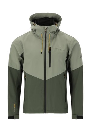 Grüne und graue Softshell-Jacke mit einem Reißverschluss vorne, verstellbare Kapuze und zwei Seitentaschen. Ausgestattet mit gelben Kordeln und schwarzen Reißverschlüssen.