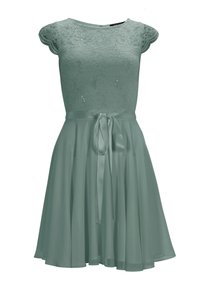 Mintgrünes Kleid mit Spitze am Oberteil, kurzen Ärmeln und Paillettenakzenten. Fließender Rock mit Satinband am Bund. Weiche, glatte Textur.