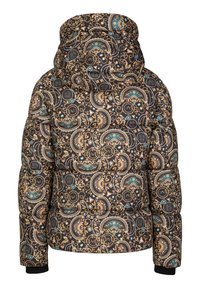 Een opblaasbare jas met een vaste capuchon, versierd met ingewikkelde gouden en teal barokpatronen op een zwarte achtergrond, weergegeven vanuit de achterkant.