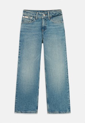 Lyseblå jeans med lige ben, høj talje, knap- og lynlåslukning, forlommer samt diskret falmning og rynker.