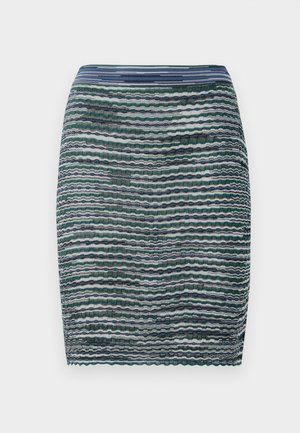 Knee-length skirt made of textured fabric with horizontal stripes in shades of green, blue, and white, featuring a fitted shape.