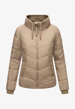 Khaki gepolsterte Jacke mit hohem Kragen, Reißverschluss, zwei seitlichen Taschen, diagonalen Nähmustern und gerippten Bündchen. Markenlabel innen sichtbar.